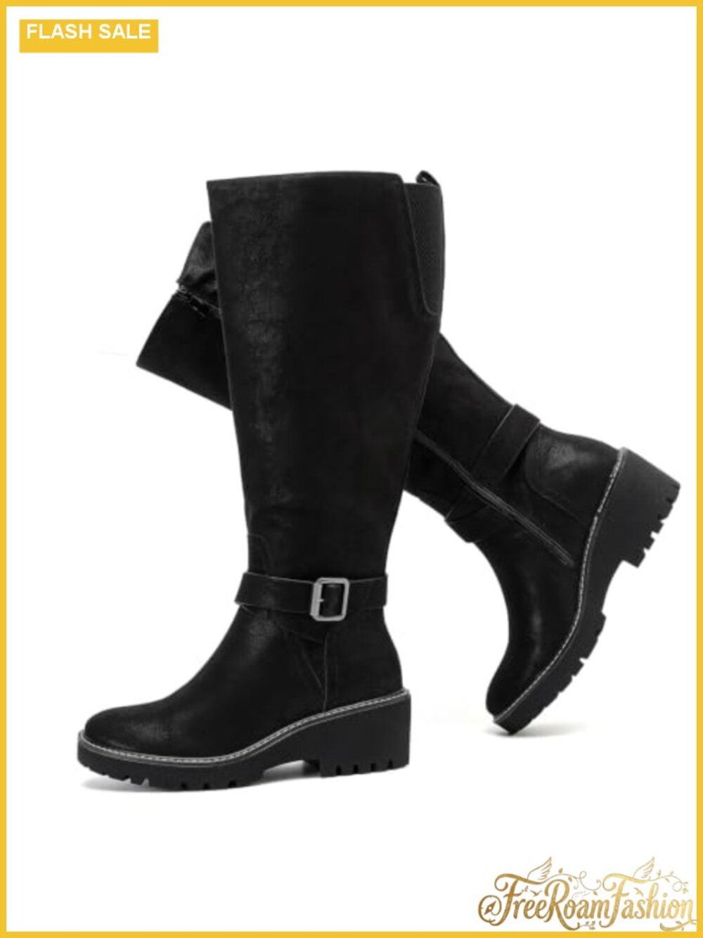 Extra Wide Calf Knee High Boots Faux Leather Memory Foam Round Toe Block Heel